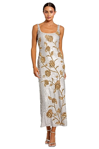 Silver Polyester Embellished Gown by Mac Duggal