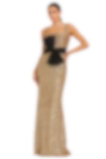 Black & Gold Polyester Embellished Engagement Gown by Mac Duggal at Pernia's Pop Up Shop