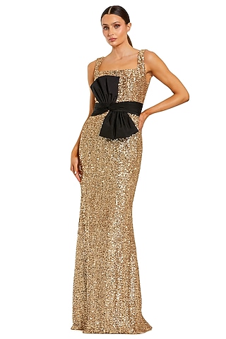 Black & Gold Polyester Embellished Gown by Mac Duggal