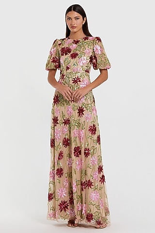 Nude & Multi-Colored Polyester Embroidered Gown by Mac Duggal