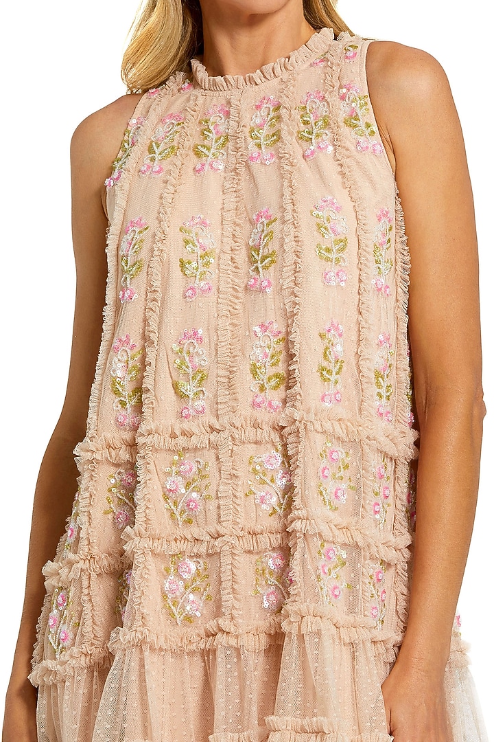 Beige Polyester Floral Hand Embellished Mini Cocktail Dress by Mac Duggal at Pernia's Pop Up Shop