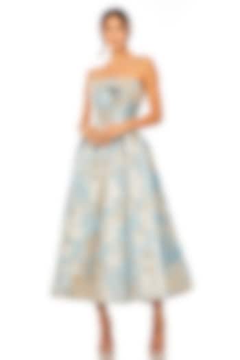 Blue Brocade Floral Printed Midi Party Wear Dress by Mac Duggal at Pernia's Pop Up Shop
