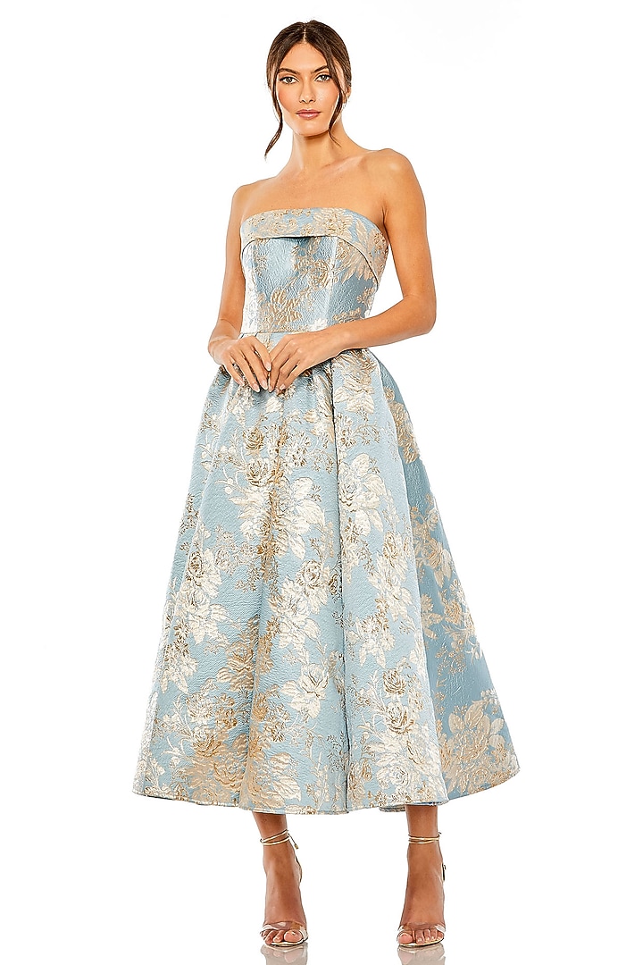 Blue Brocade Floral Printed Midi Party Wear Dress by Mac Duggal at Pernia's Pop Up Shop