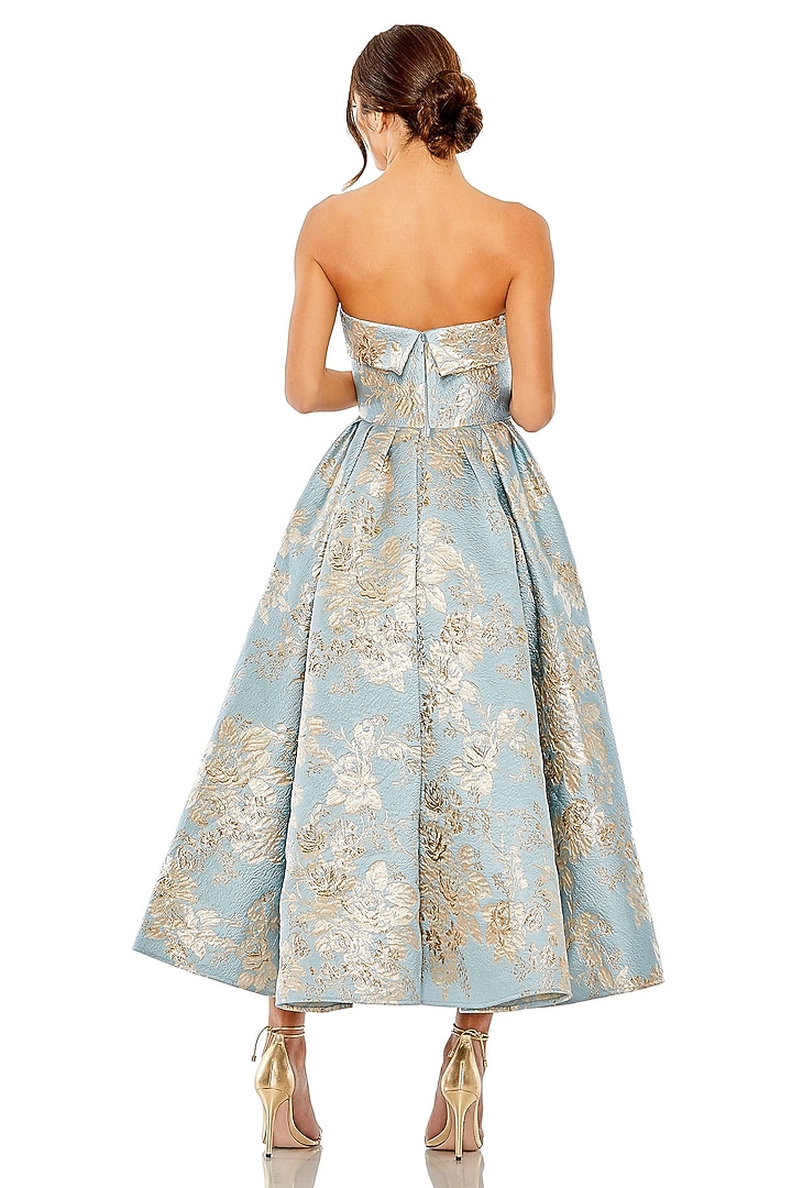 Blue Brocade Floral Printed Midi Party Wear Dress by Mac Duggal at Pernia's Pop Up Shop