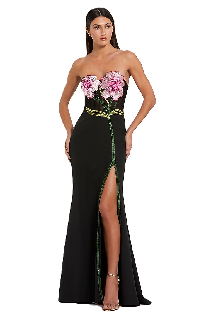 Black Crepe 3D Floral Embroidered Engagement Gown by Mac Duggal at Pernia's Pop Up Shop