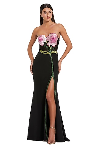 long black evening dress with lace sleeves Sexy Black Formal Evening Dress with Slit Sheath Feather Prom Dress FD –  Viniodress main image 1