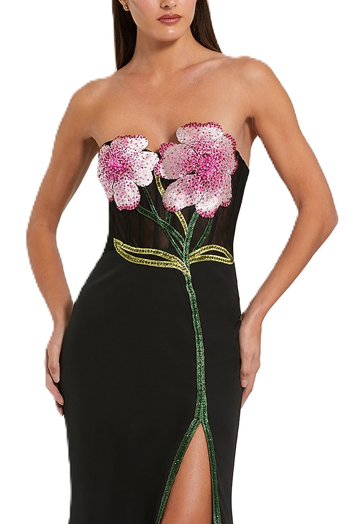 Black Crepe 3D Floral Embroidered Engagement Gown by Mac Duggal at Pernia's Pop Up Shop