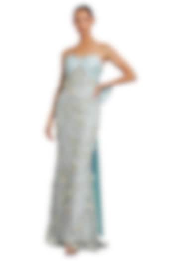 Blue Satin Floral Applique Embroidered Mesh Wedding Gown by Mac Duggal at Pernia's Pop Up Shop