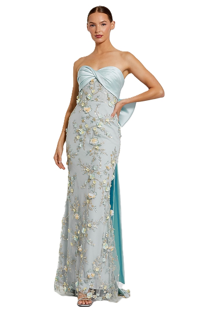 Blue Satin Floral Applique Embroidered Mesh Wedding Gown by Mac Duggal at Pernia's Pop Up Shop