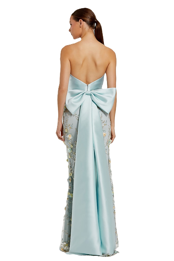 Blue Satin Floral Applique Embroidered Mesh Wedding Gown by Mac Duggal at Pernia's Pop Up Shop