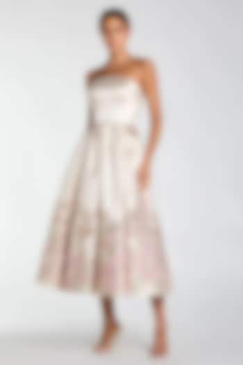 Champagne Satin Brocade Midi Party Wear Dress by Mac Duggal at Pernia's Pop Up Shop