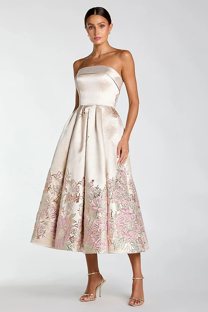 Champagne Satin Brocade Midi Party Wear Dress by Mac Duggal at Pernia's Pop Up Shop