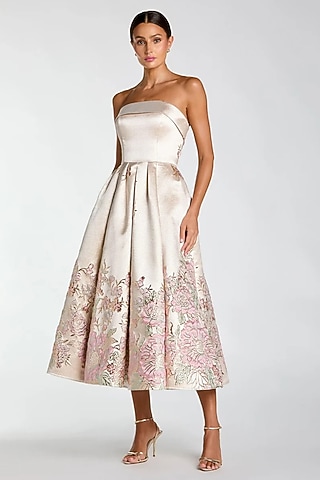 Champagne Satin Brocade Midi Dress by Mac Duggal