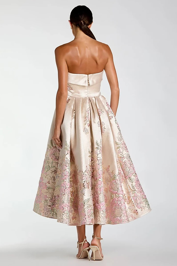 Champagne Satin Brocade Midi Party Wear Dress by Mac Duggal at Pernia's Pop Up Shop