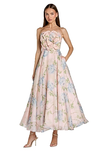 Pink Organza 3D Floral Printed Midi Dress by Mac Duggal