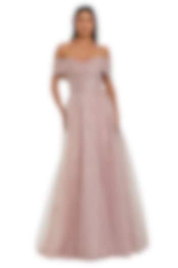 Dusty Rose Tulle Embroidered Off-Shoulder Wedding Gown by Mac Duggal at Pernia's Pop Up Shop