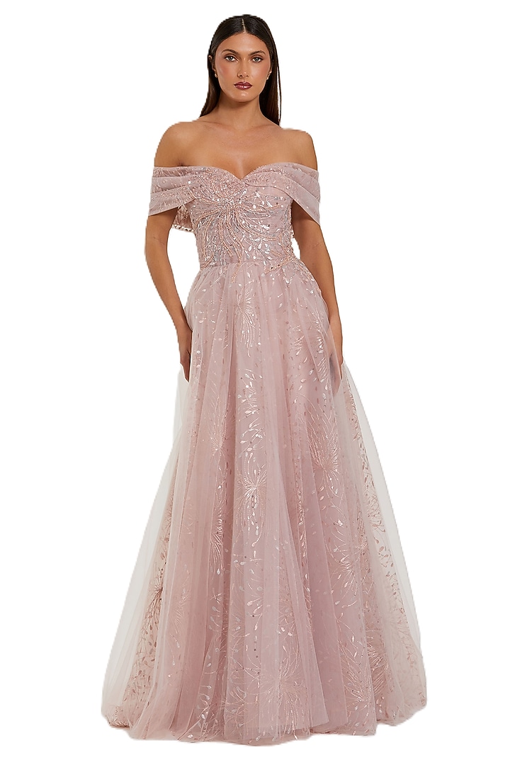 Dusty Rose Tulle Embroidered Off-Shoulder Wedding Gown by Mac Duggal at Pernia's Pop Up Shop