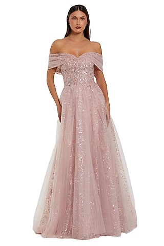 Dusty Rose Tulle Embroidered Off-Shoulder Gown by Mac Duggal