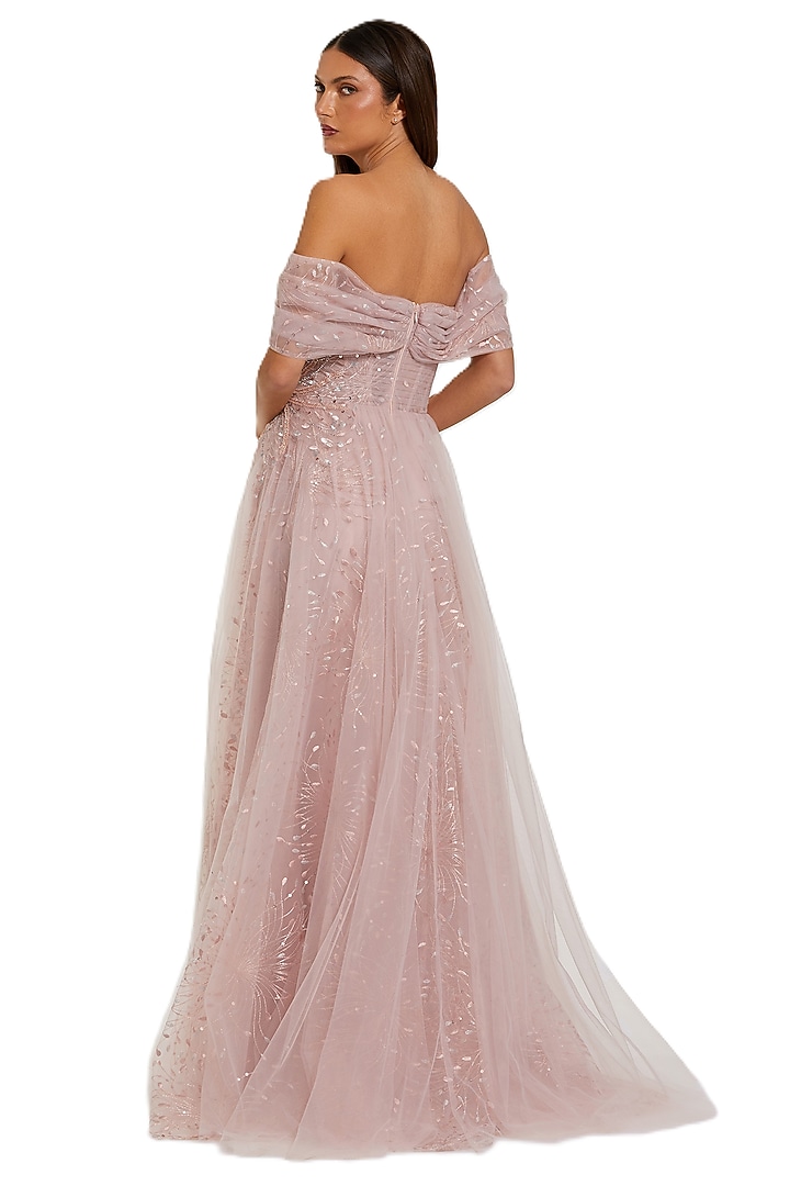 Dusty Rose Tulle Embroidered Off-Shoulder Wedding Gown by Mac Duggal at Pernia's Pop Up Shop