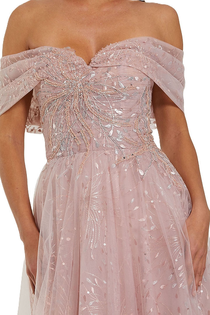 Dusty Rose Tulle Embroidered Off-Shoulder Wedding Gown by Mac Duggal at Pernia's Pop Up Shop