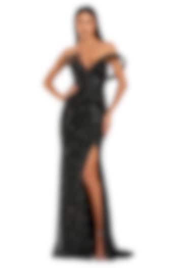 Black Polyester Sequins Embellished Mesh Bridal Gown by Mac Duggal at Pernia's Pop Up Shop