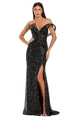 Black Polyester Sequins Embellished Mesh Gown by Mac Duggal