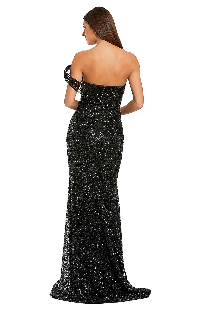 Black Polyester Sequins Embellished Mesh Bridal Gown by Mac Duggal at Pernia's Pop Up Shop