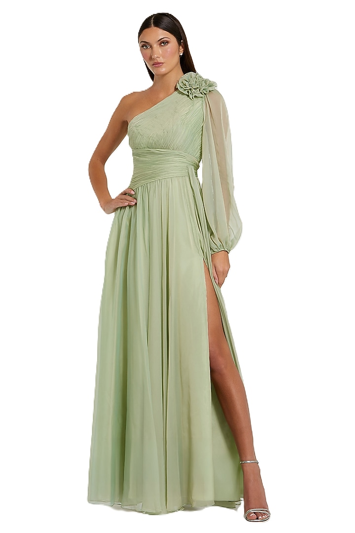 Sage Green Chiffon One Shoulder Engagement Gown by Mac Duggal at Pernia's Pop Up Shop