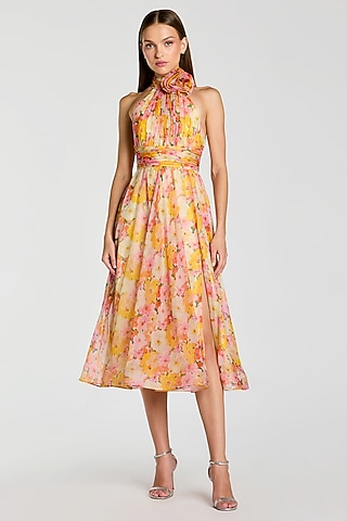 Multi-Colored Chiffon Floral Printed A-line Midi Dress by Mac Duggal