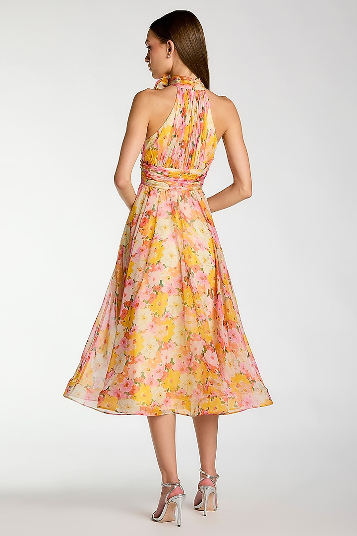 Multi-Colored Chiffon Floral Printed A-line Midi Cocktail Dress by Mac Duggal at Pernia's Pop Up Shop