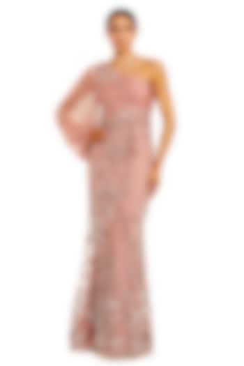 Mocha Pink Chiffon Floral Applique One Shoulder Engagement Gown by Mac Duggal at Pernia's Pop Up Shop