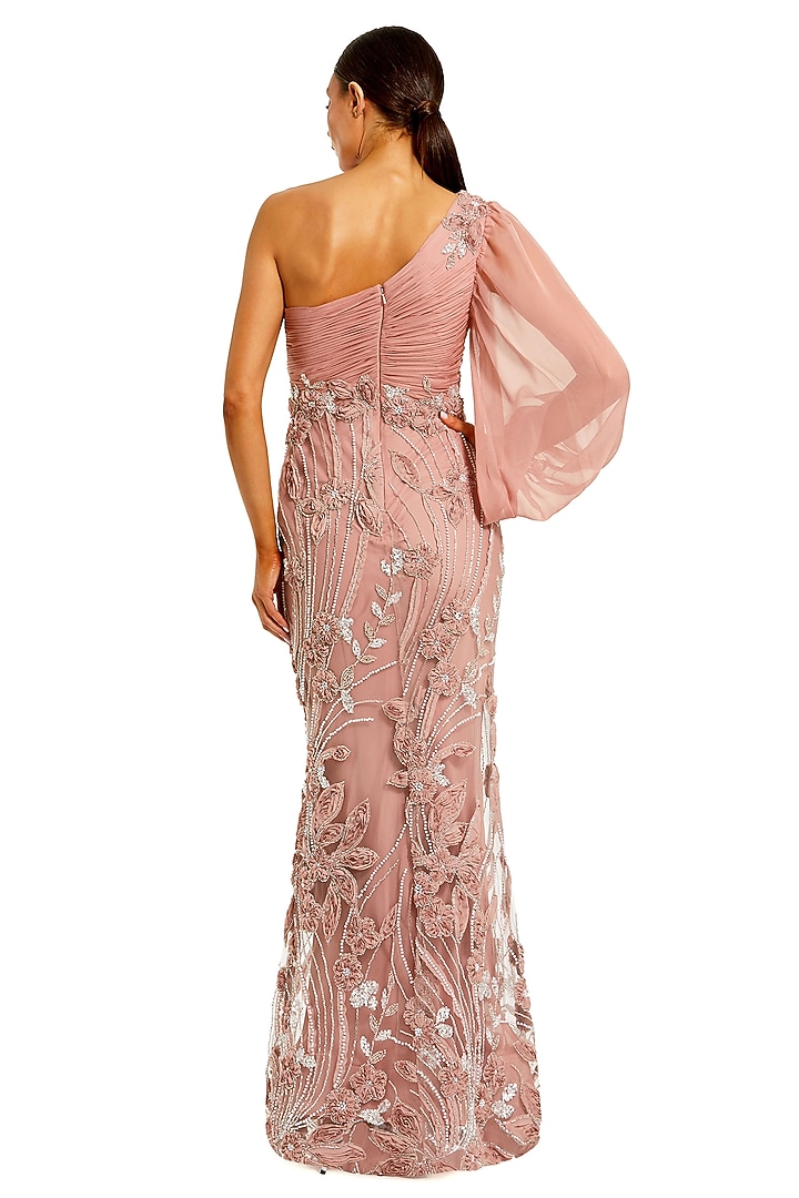 Mocha Pink Chiffon Floral Applique One Shoulder Engagement Gown by Mac Duggal at Pernia's Pop Up Shop