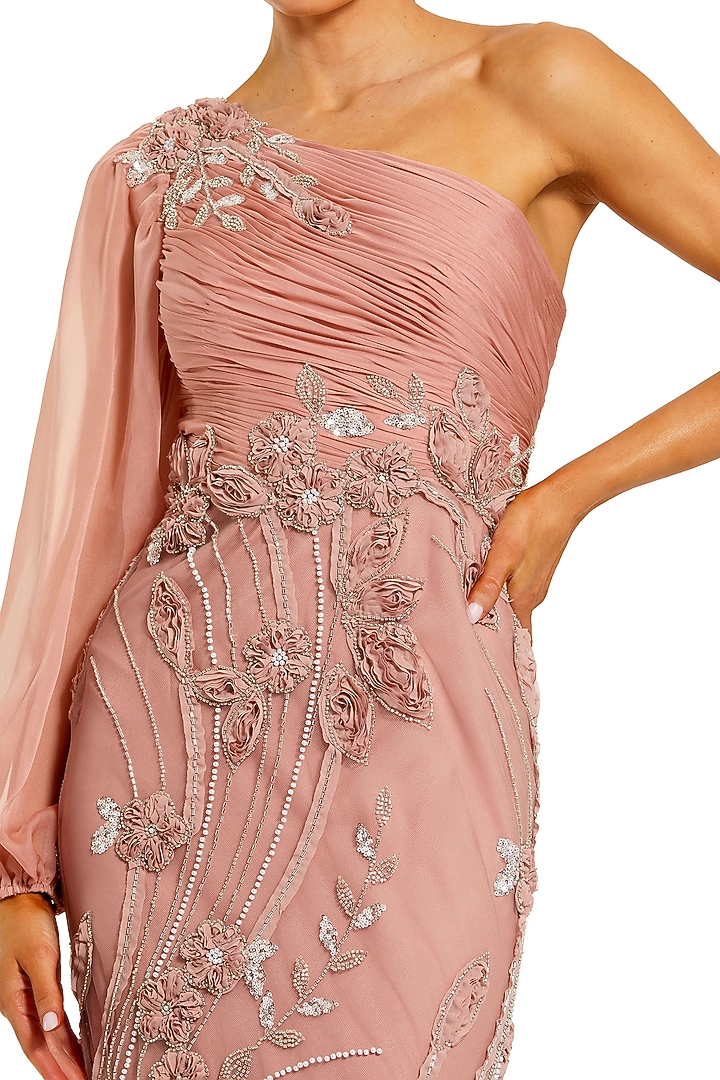 Mocha Pink Chiffon Floral Applique One Shoulder Engagement Gown by Mac Duggal at Pernia's Pop Up Shop