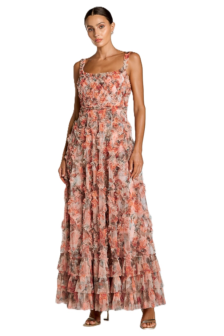 Multi-Colored Mesh Floral Printed Maxi Ruffle Cocktail Dress by Mac Duggal at Pernia's Pop Up Shop