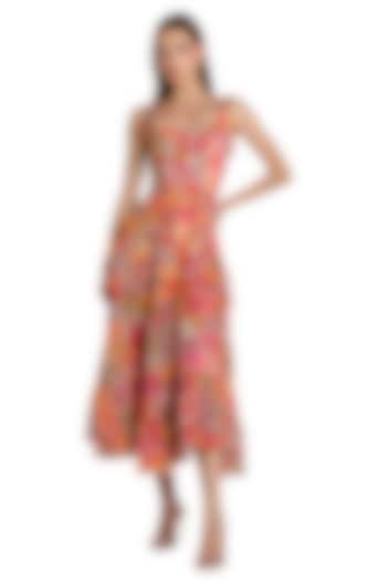 Multi-Colored Mesh Floral Printed Midi Ruffle Party Wear Dress by Mac Duggal at Pernia's Pop Up Shop