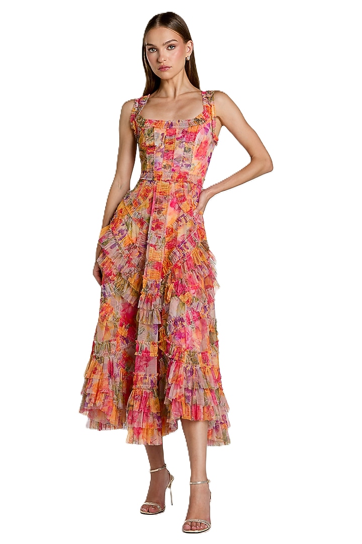 Multi-Colored Mesh Floral Printed Midi Ruffle Party Wear Dress by Mac Duggal at Pernia's Pop Up Shop