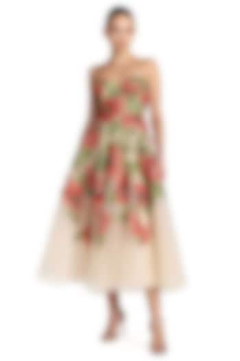 Beige Polyester Floral Midi Party Wear Dress by Mac Duggal at Pernia's Pop Up Shop