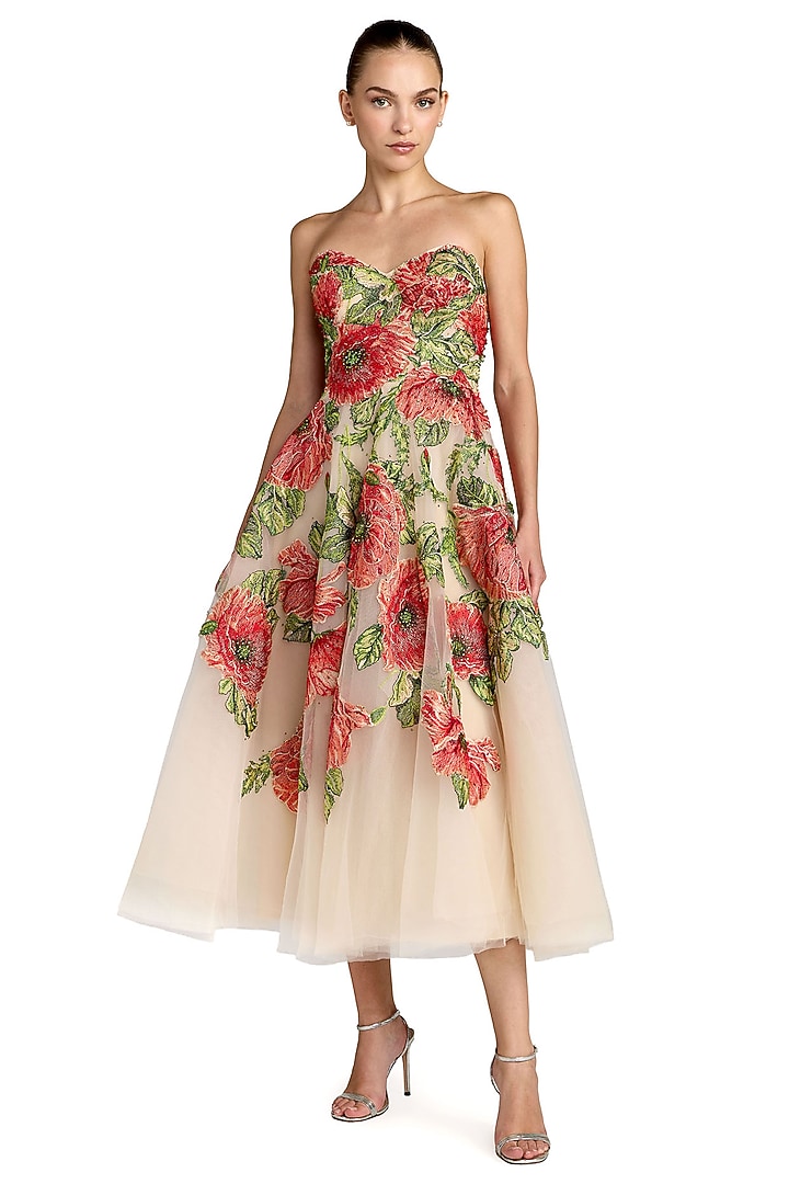 Beige Polyester Floral Midi Party Wear Dress by Mac Duggal at Pernia's Pop Up Shop