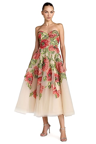 Beige Polyester Floral Midi Dress by Mac Duggal