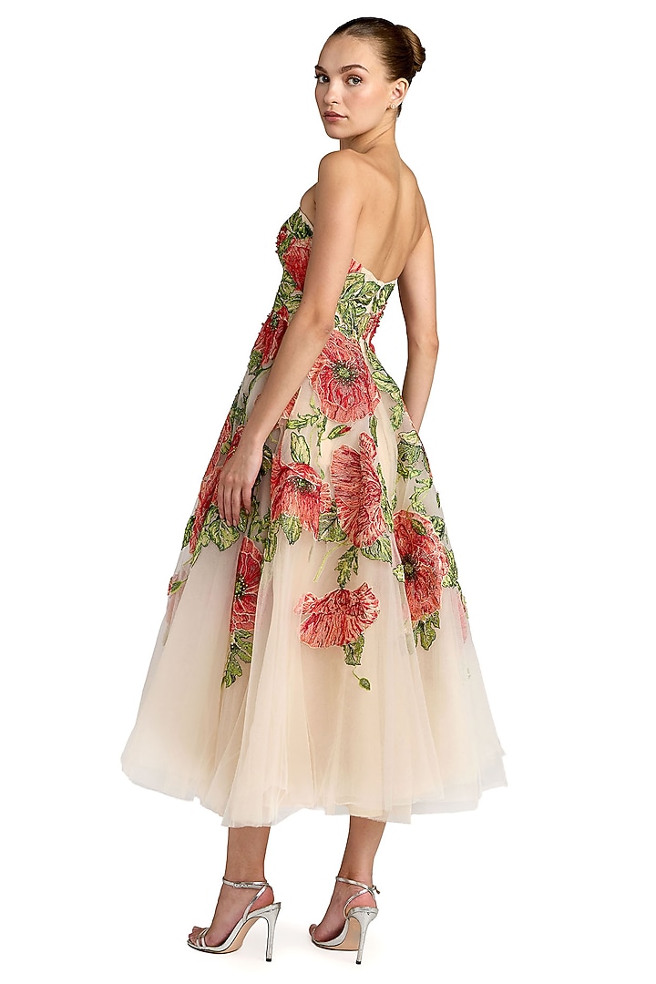 Beige Polyester Floral Midi Party Wear Dress by Mac Duggal at Pernia's Pop Up Shop