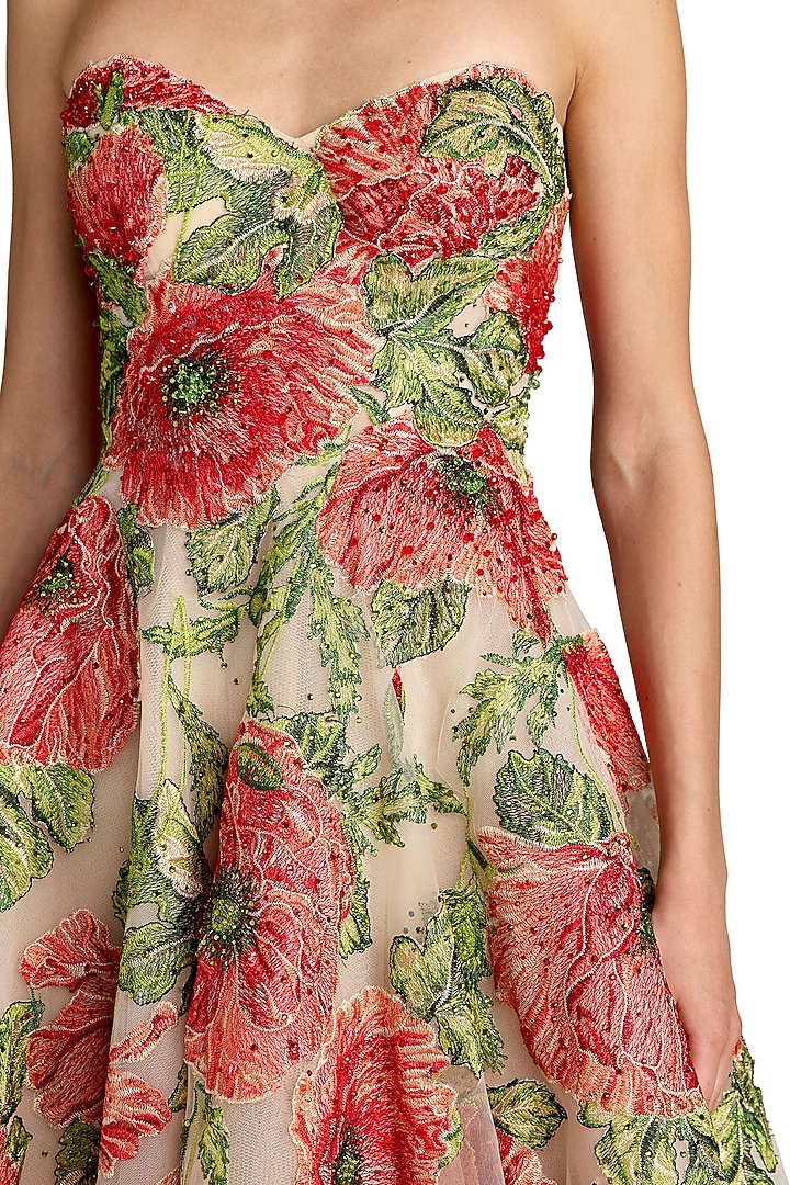 Beige Polyester Floral Midi Party Wear Dress by Mac Duggal at Pernia's Pop Up Shop