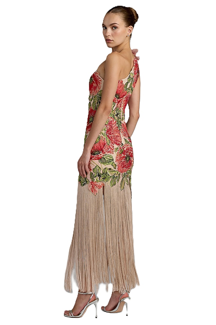 Beige Polyester Floral One Shoulder Maxi Party Wear Dress by Mac Duggal at Pernia's Pop Up Shop