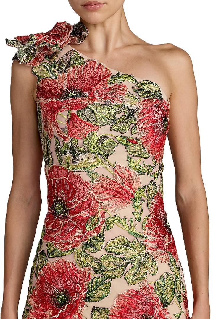 Beige Polyester Floral One Shoulder Maxi Party Wear Dress by Mac Duggal at Pernia's Pop Up Shop