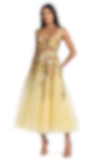 Yellow Polyester Embroidered A-line Midi Party Wear Dress by Mac Duggal at Pernia's Pop Up Shop