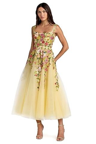 Yellow Polyester Embroidered A-line Midi Dress by Mac Duggal
