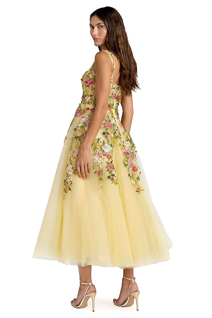 Yellow Polyester Embroidered A-line Midi Party Wear Dress by Mac Duggal at Pernia's Pop Up Shop