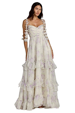 Ivory Chiffon Floral Pleated Gown by Mac Duggal