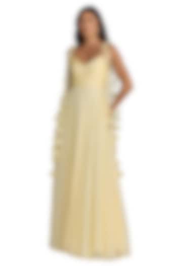 Yellow Chiffon Floral Pleated Engagement Gown by Mac Duggal at Pernia's Pop Up Shop