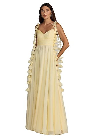 Yellow Chiffon Floral Pleated Gown by Mac Duggal