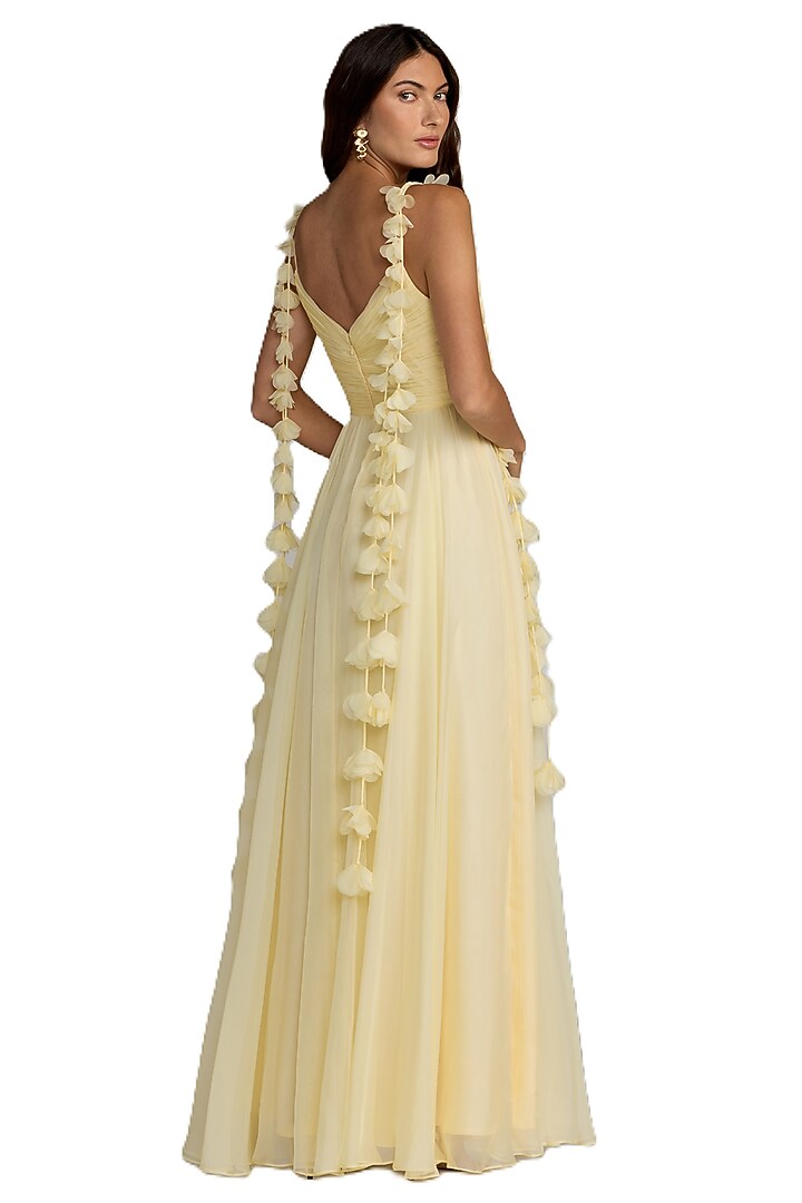 Yellow Chiffon Floral Pleated Engagement Gown by Mac Duggal at Pernia's Pop Up Shop